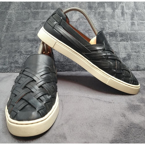 FRYE Women's 8M Black Leather Ivy Huarache Chevron Woven Flat Slip On Sneakers - Picture 1 of 9